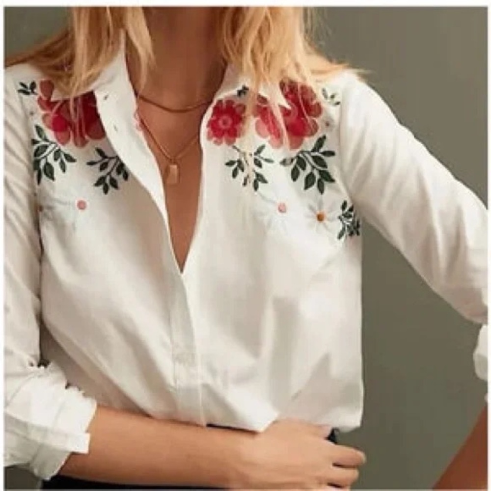 Maeve Anthropologie Embroidered Floral Button Front Shirt  Size 14 100% Cotton